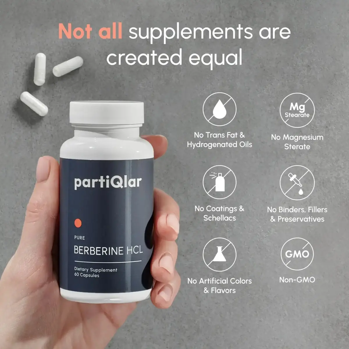 partiQlar Berberine HCl bottle held in hand